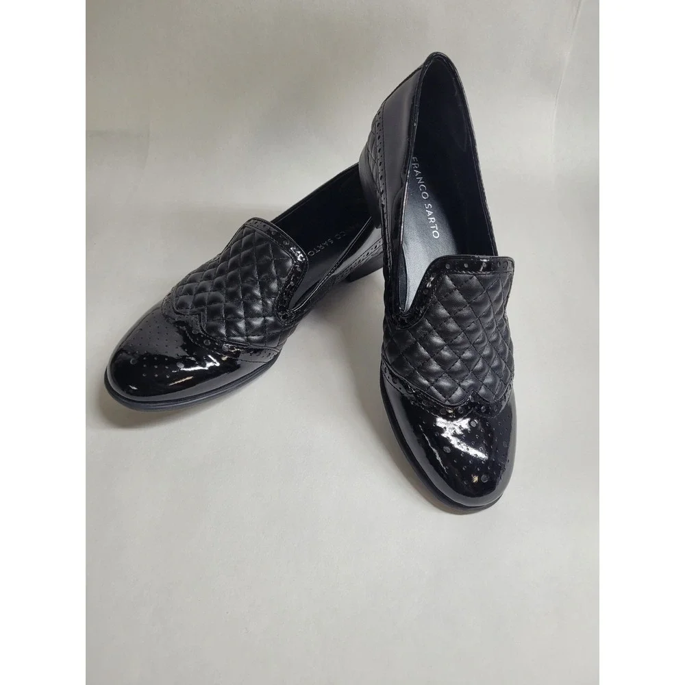 Franco‎ Sarto Loafer 9M Black Patent Faux Leather Quilted Women's, L-Tweed2, EUC